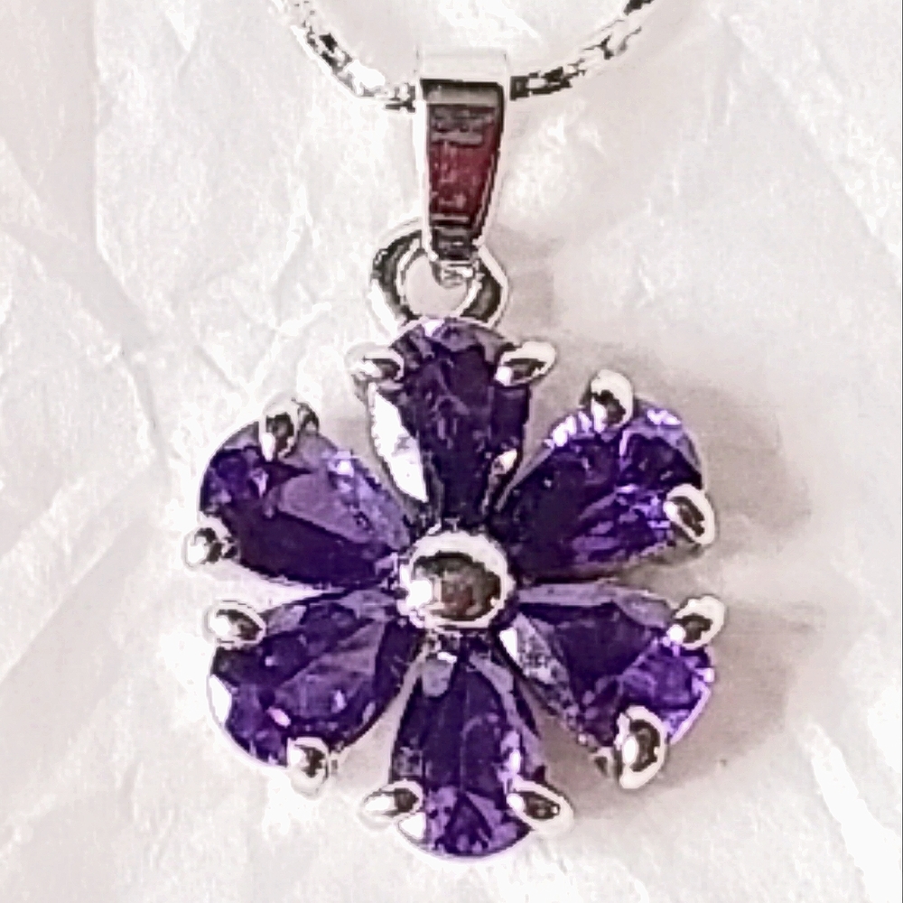 PURPLE CZ FLOWER PENDANT with 16" CHAIN